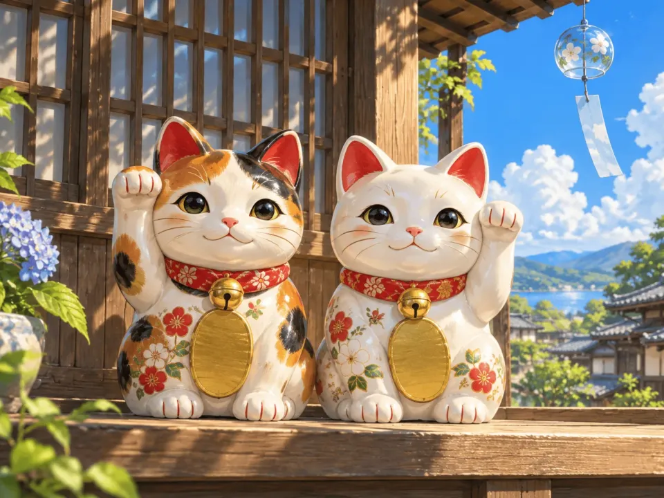 町家の格子窓の前に並ぶ、右手を上げた三毛の招き猫と左手を上げた白い招き猫