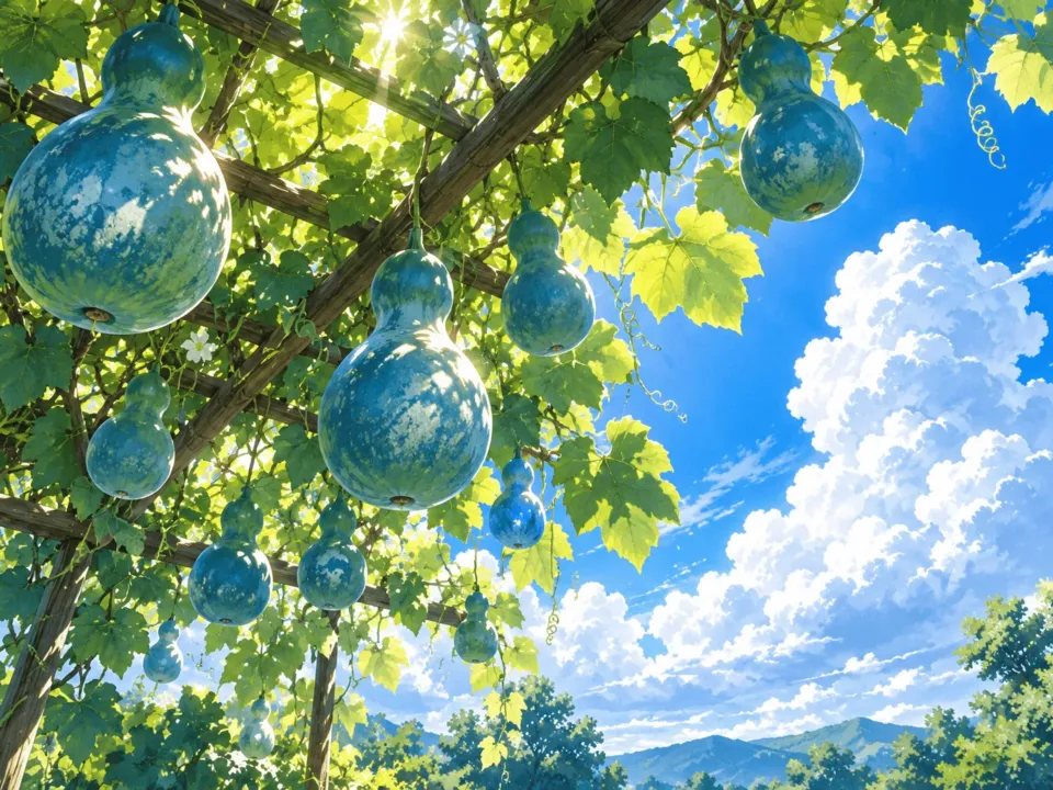 緑の葉が茂る棚から、いくつもの青いひょうたんがぶら下がっている夏の情景
