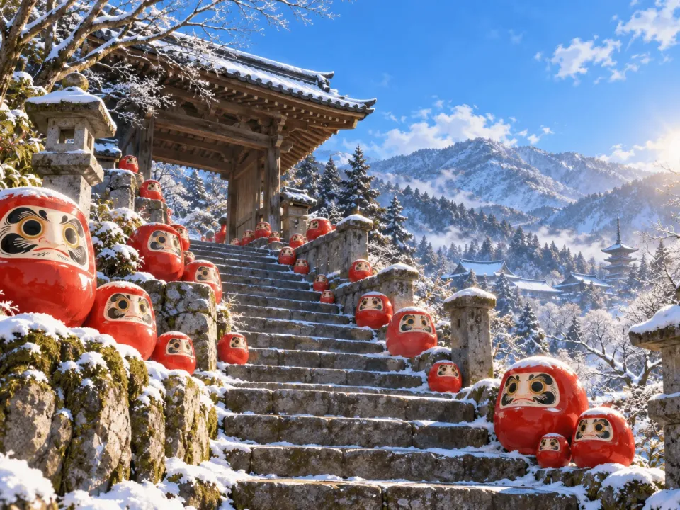 冬の澄んだ青空の下、山あいのお寺の石段に、大小さまざまな赤いだるまが並んでいる情景