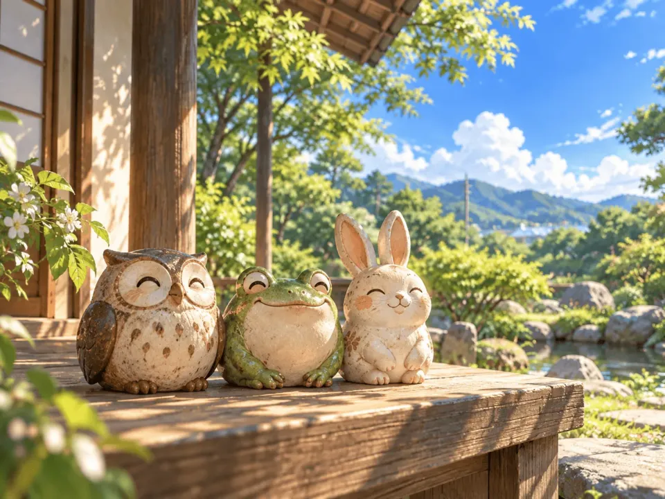 澄んだ青空の下、縁側の木の台に、焼き物のふくろう・カエル・うさぎの小さな置物が仲よく並んでいる情景