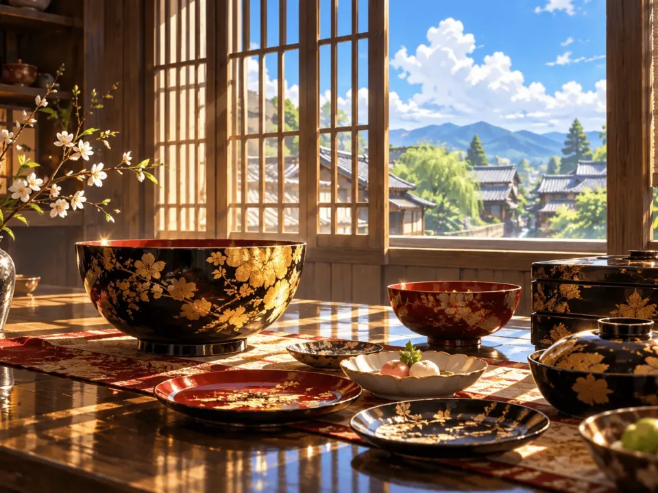 古い町並みの格子窓の向こうから差す光の中、金箔をあしらった漆の器や小皿がきらめいている情景