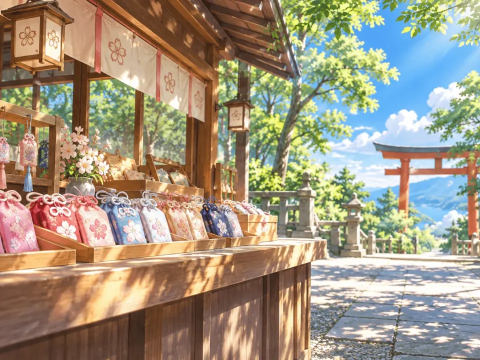 緑に囲まれた神社の境内、木漏れ日の差す授与所の前に、桜色や水色の小さなお守りが並んでいる情景
