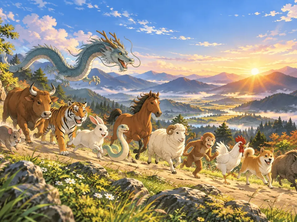 夜明けの澄んだ空の下、野山の道を十二支の動物たち（ねずみ、牛、虎、うさぎ、竜、蛇、馬、羊、猿、鶏、犬、猪）が仲よく駆けて