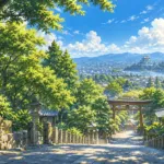 遠くに城の天守と金色のしゃちほこが小さく輝く青空の風景
