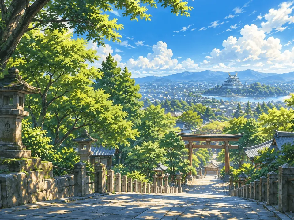 遠くに城の天守と金色のしゃちほこが小さく輝く青空の風景