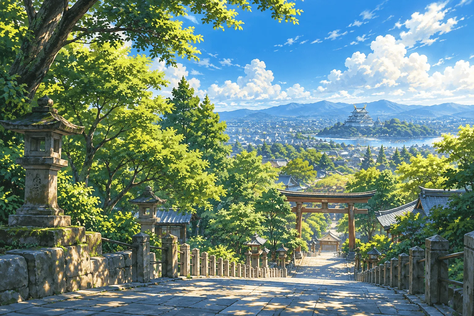 遠くに城の天守と金色のしゃちほこが小さく輝く青空の風景