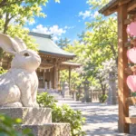 神社の境内に置かれた白いうさぎの石像と、ピンクのハート形の絵馬