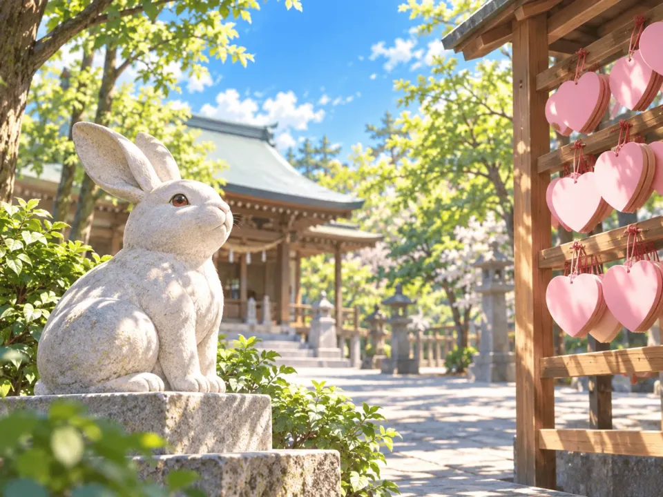 神社の境内に置かれた白いうさぎの石像と、ピンクのハート形の絵馬