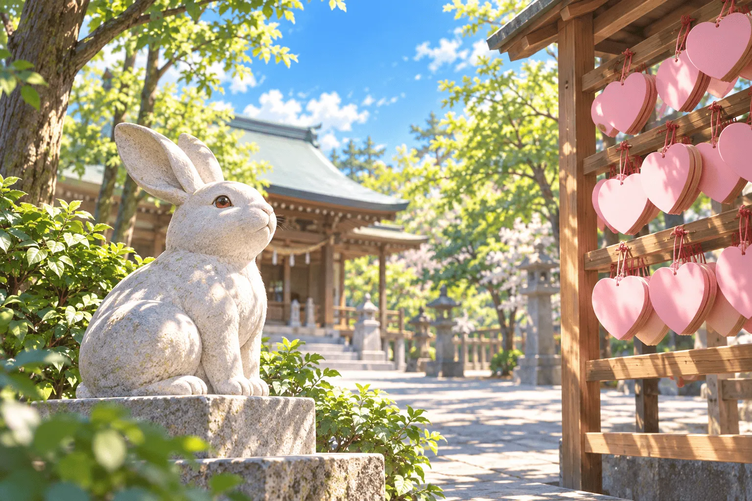 神社の境内に置かれた白いうさぎの石像と、ピンクのハート形の絵馬