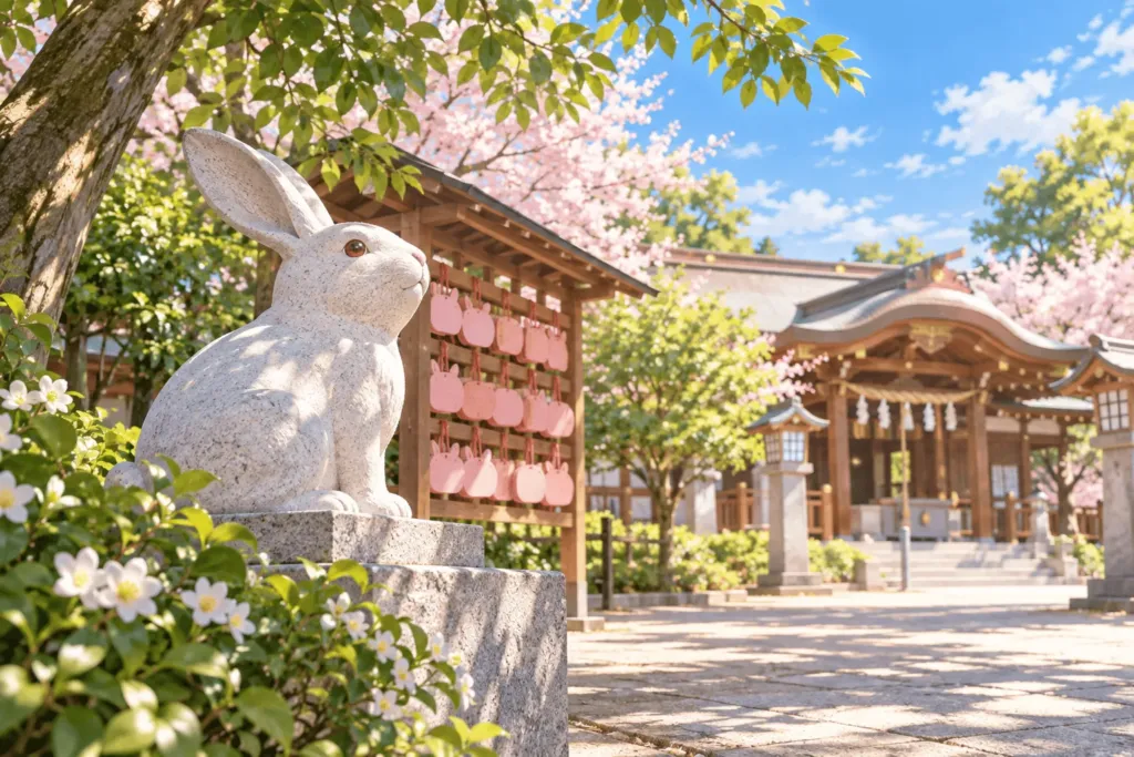 神社の境内に置かれた白いうさぎの石像