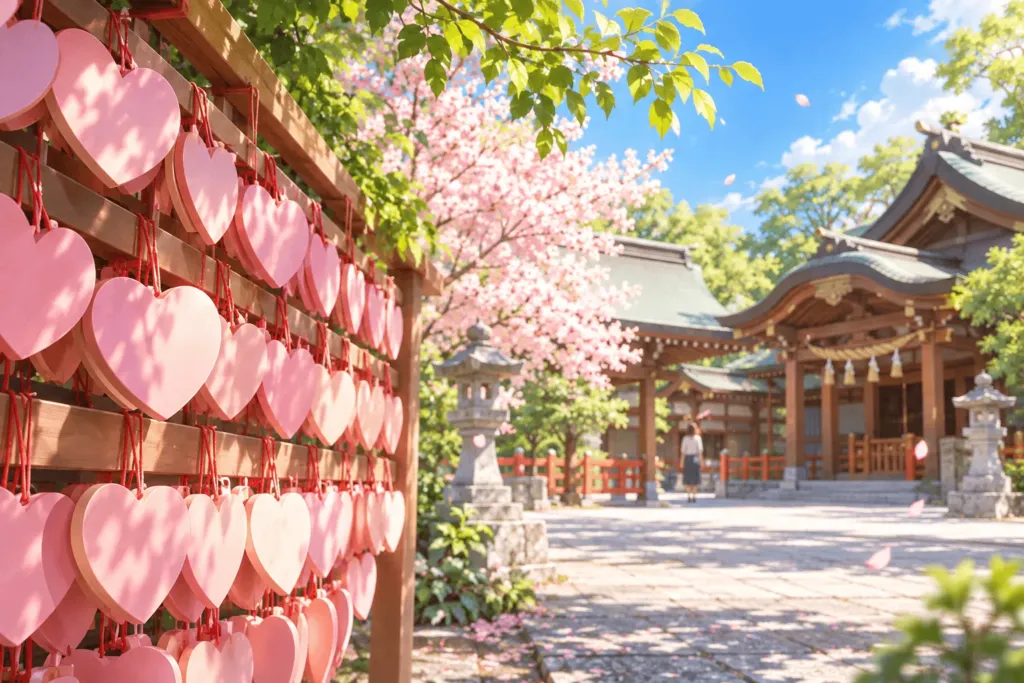 城下町の神社に奉納されたピンクのハート形の絵馬