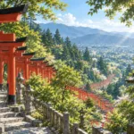 山の斜面に朱色の鳥居がどこまでも連なる参道を、少し上から見た情景