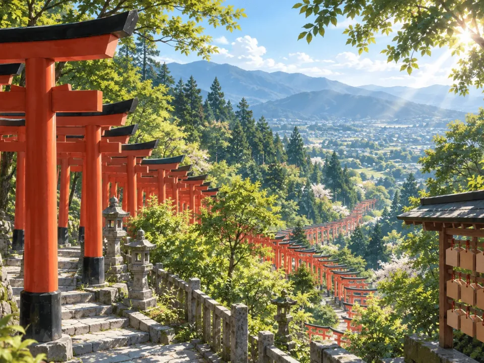 山の斜面に朱色の鳥居がどこまでも連なる参道を、少し上から見た情景