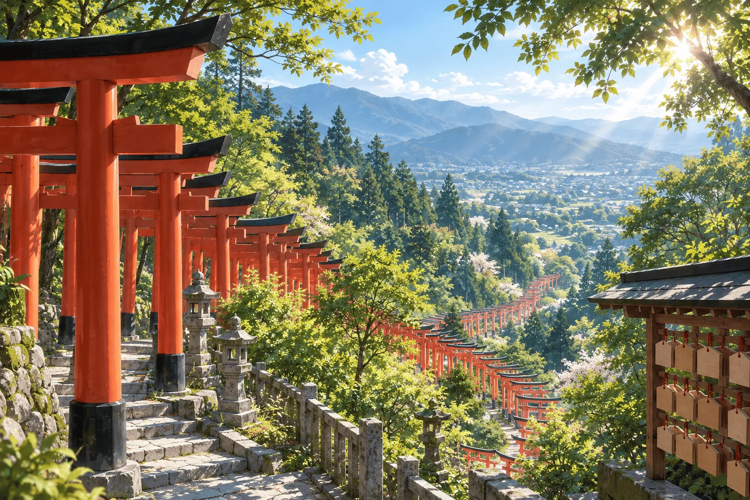 山の斜面に朱色の鳥居がどこまでも連なる参道を、少し上から見た情景
