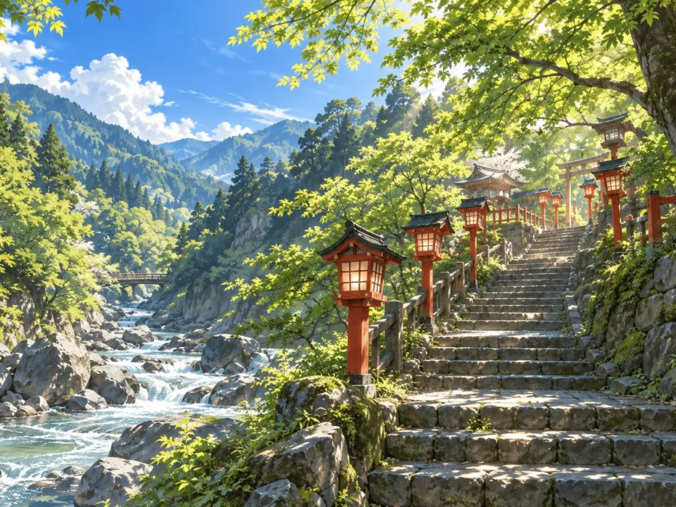 川沿いの石段に赤い灯籠が並ぶ山あいの神社の参道