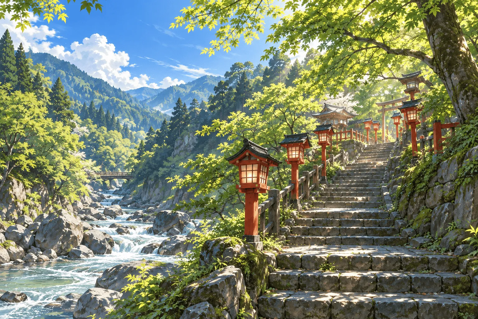 川沿いの石段に赤い灯籠が並ぶ山あいの神社の参道