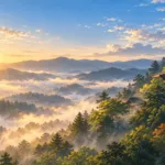 朝もやの中に連なる奈良の山々と、山の中腹に建つお寺の屋根