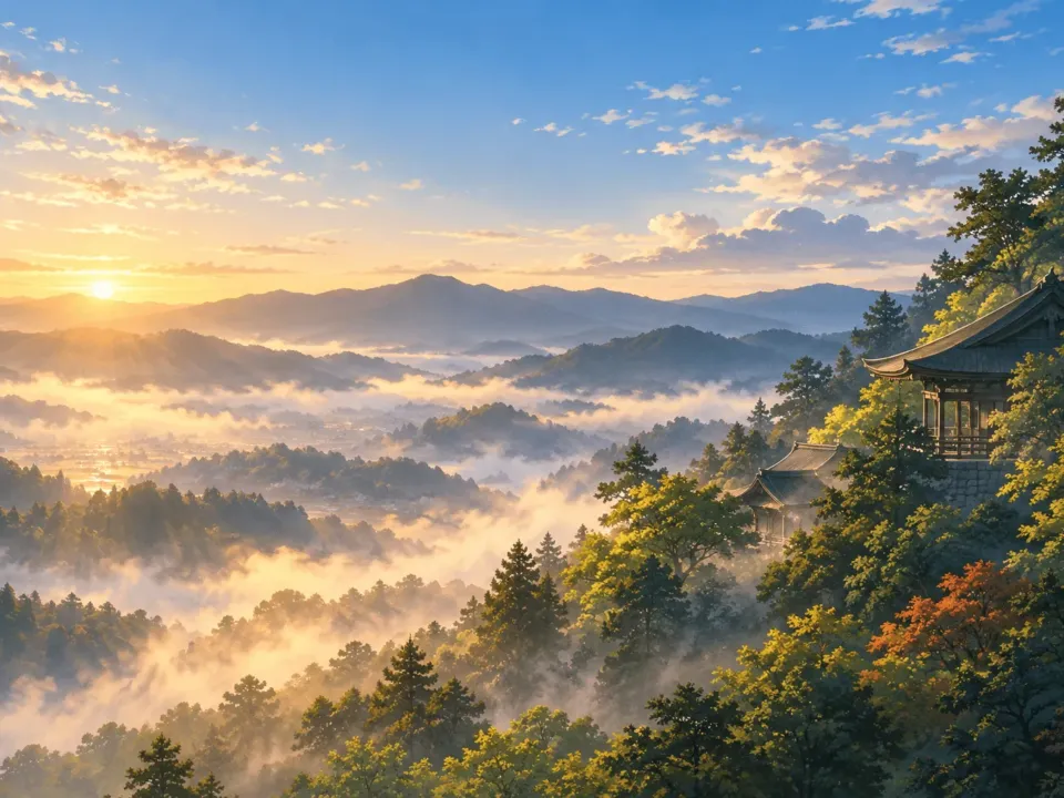 朝もやの中に連なる奈良の山々と、山の中腹に建つお寺の屋根