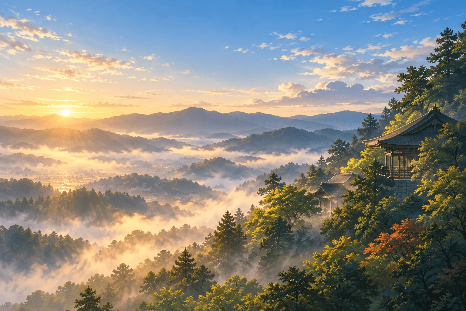 朝もやの中に連なる奈良の山々と、山の中腹に建つお寺の屋根