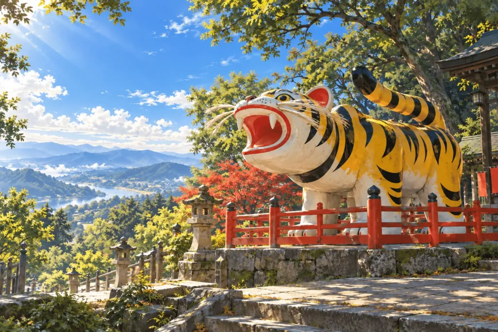 山のお寺の境内に置かれた大きな張り子の虎