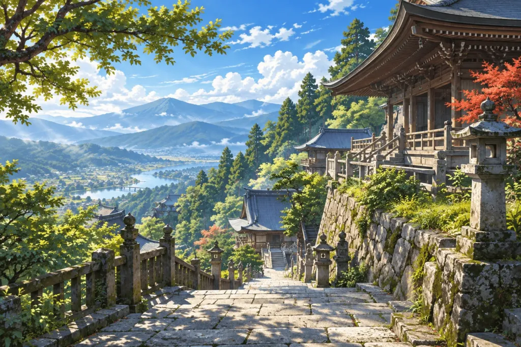 山の斜面に沿って建つお寺のお堂と石段