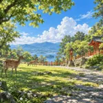 鹿がのんびり歩く緑の公園の先に、朱色の小さな社と灯籠が見える情景