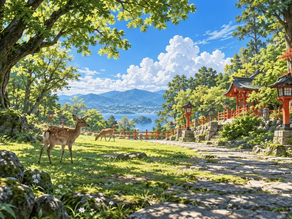 鹿がのんびり歩く緑の公園の先に、朱色の小さな社と灯籠が見える情景