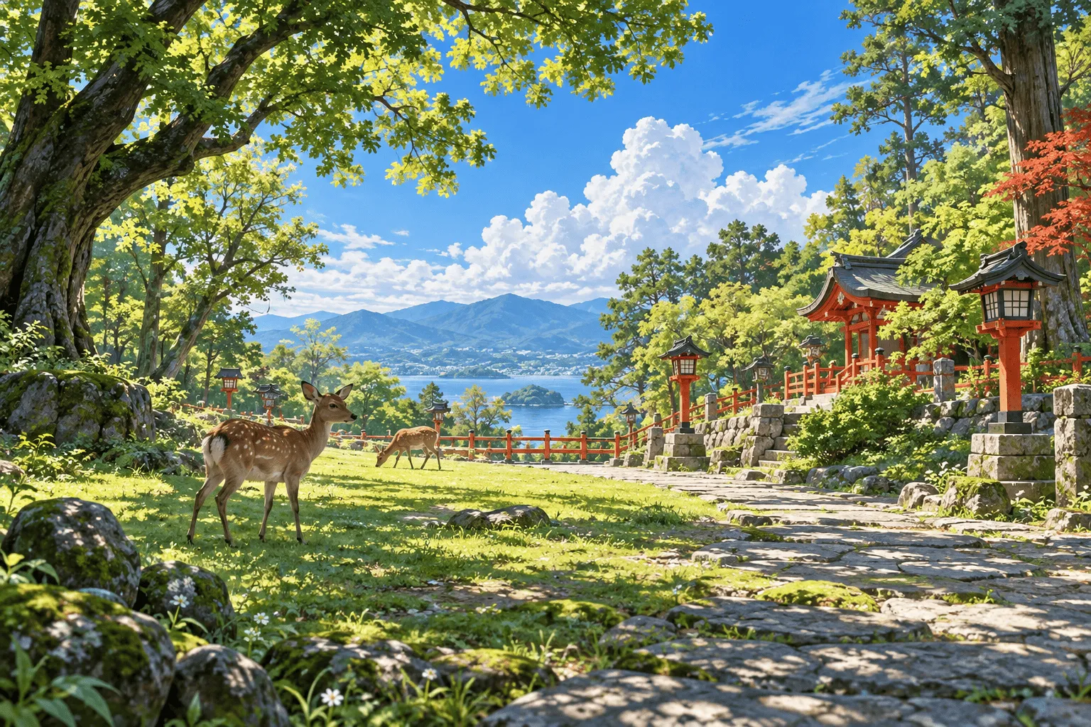 鹿がのんびり歩く緑の公園の先に、朱色の小さな社と灯籠が見える情景