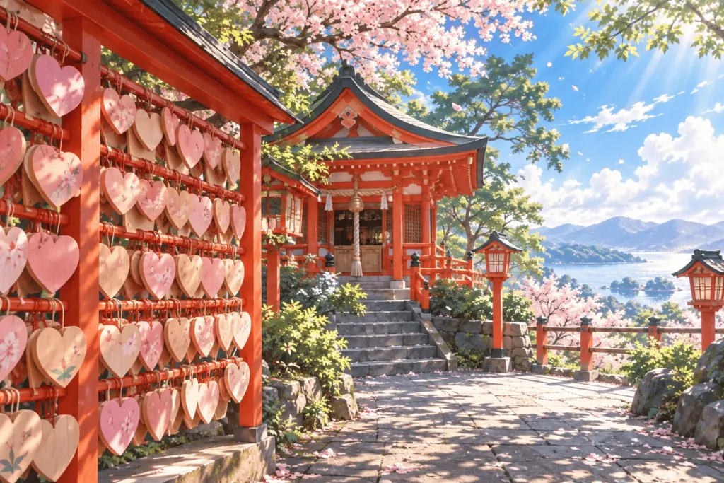 ハート形の絵馬がたくさん掛けられた朱色の小さな社