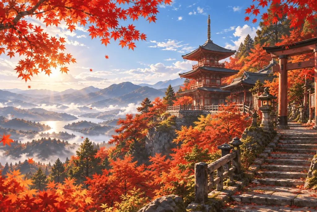 紅葉に包まれた山の神社の塔