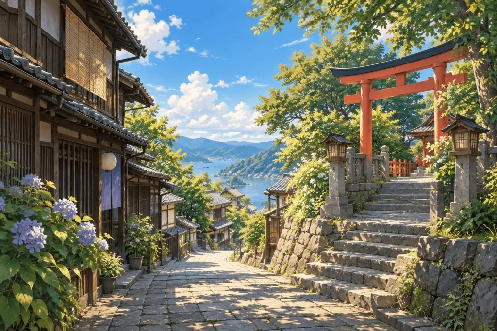 古い町家が並ぶ静かな路地と神社の鳥居