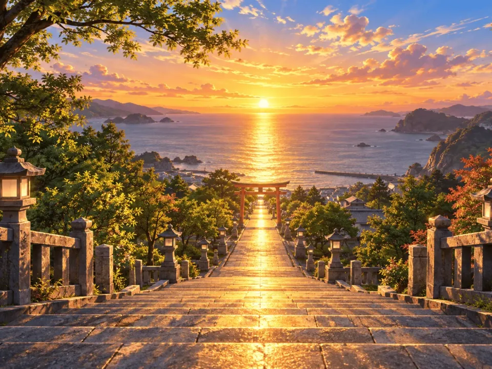 海へとまっすぐ続く神社の長い参道と石段、その先の海に夕日が沈み、参道が金色に輝く情景