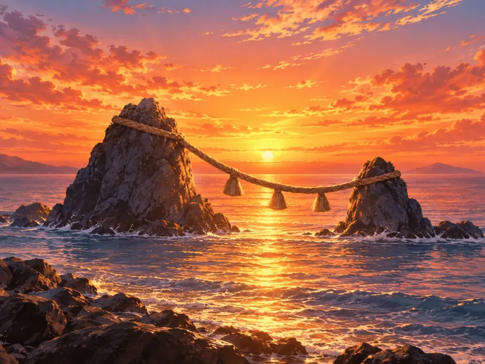 夕日に染まる海に二つの岩が並び、大きな注連縄で結ばれている情景